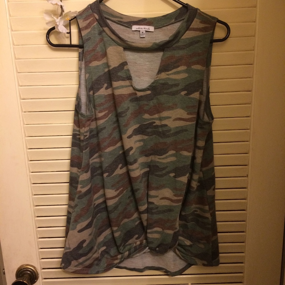 White Birch Green Camo Tank Top, Sewn Scrunch Hem
